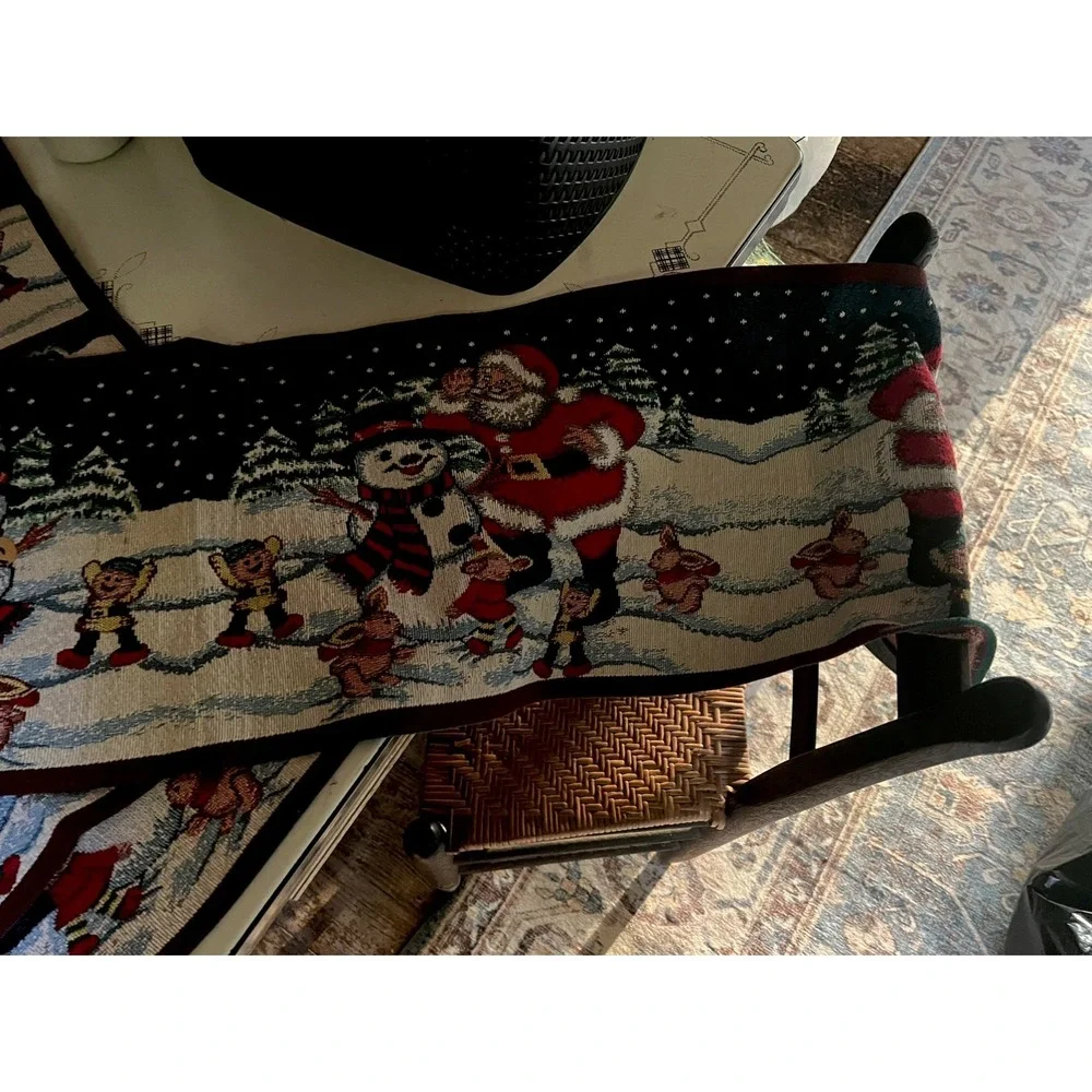 Christmas Table Runner & 6 Place Mat Set Tapestry Winter Scene Santa Snowman